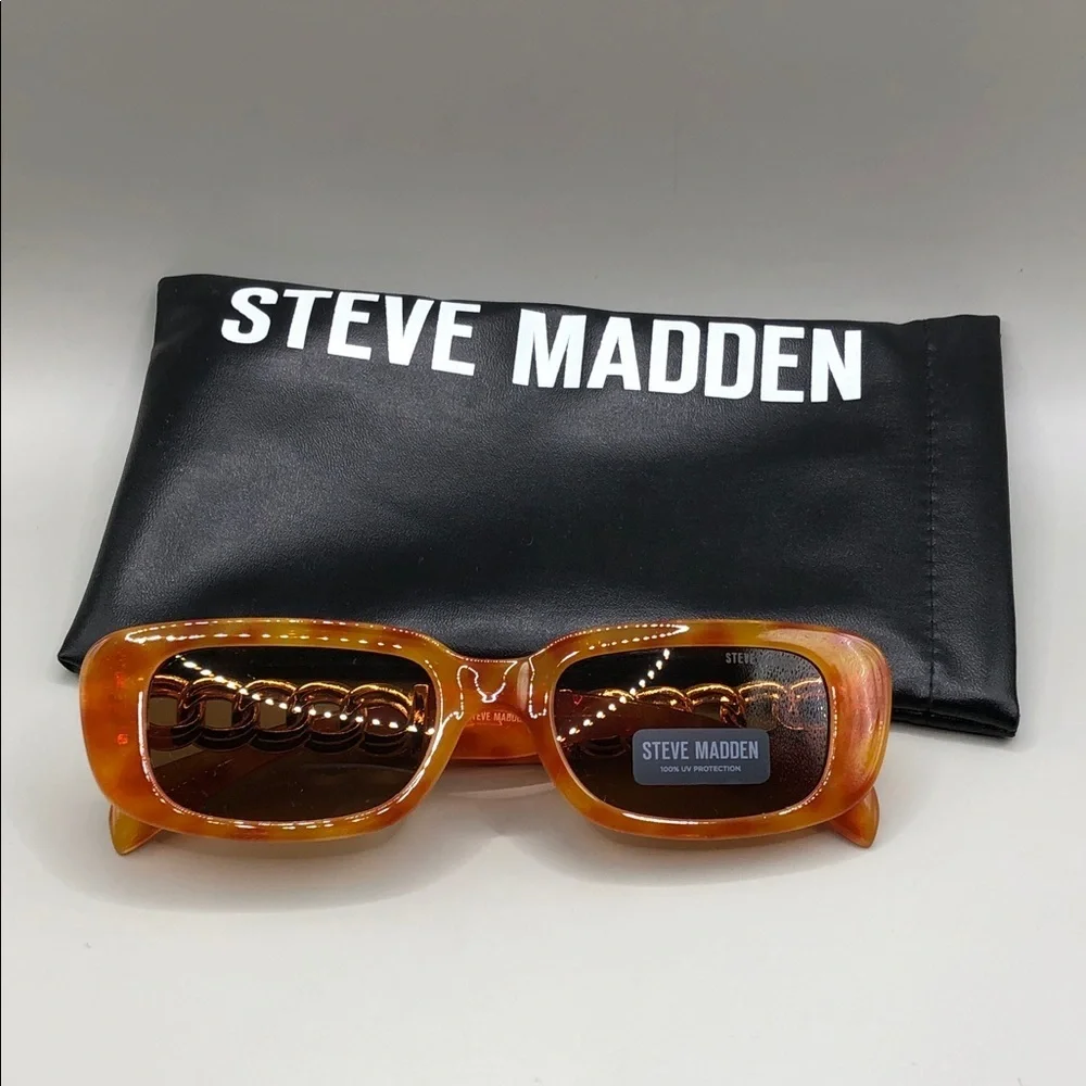 Steve Madden Felicia Sunglasses Amber Tortoise Chain Temples Lens Elongated.